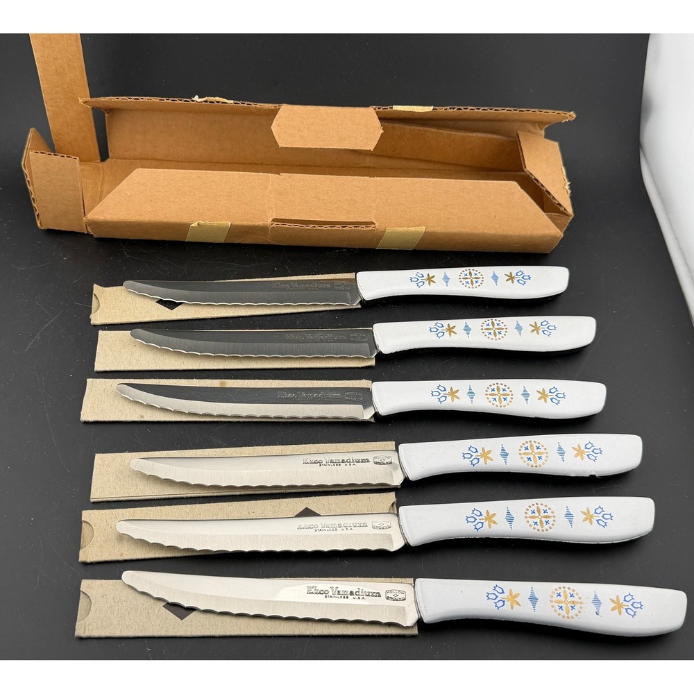 Vintage Ekco Vanadium Steak Knives-Set of 6 Stainless, White Floral Pattern, NIB
